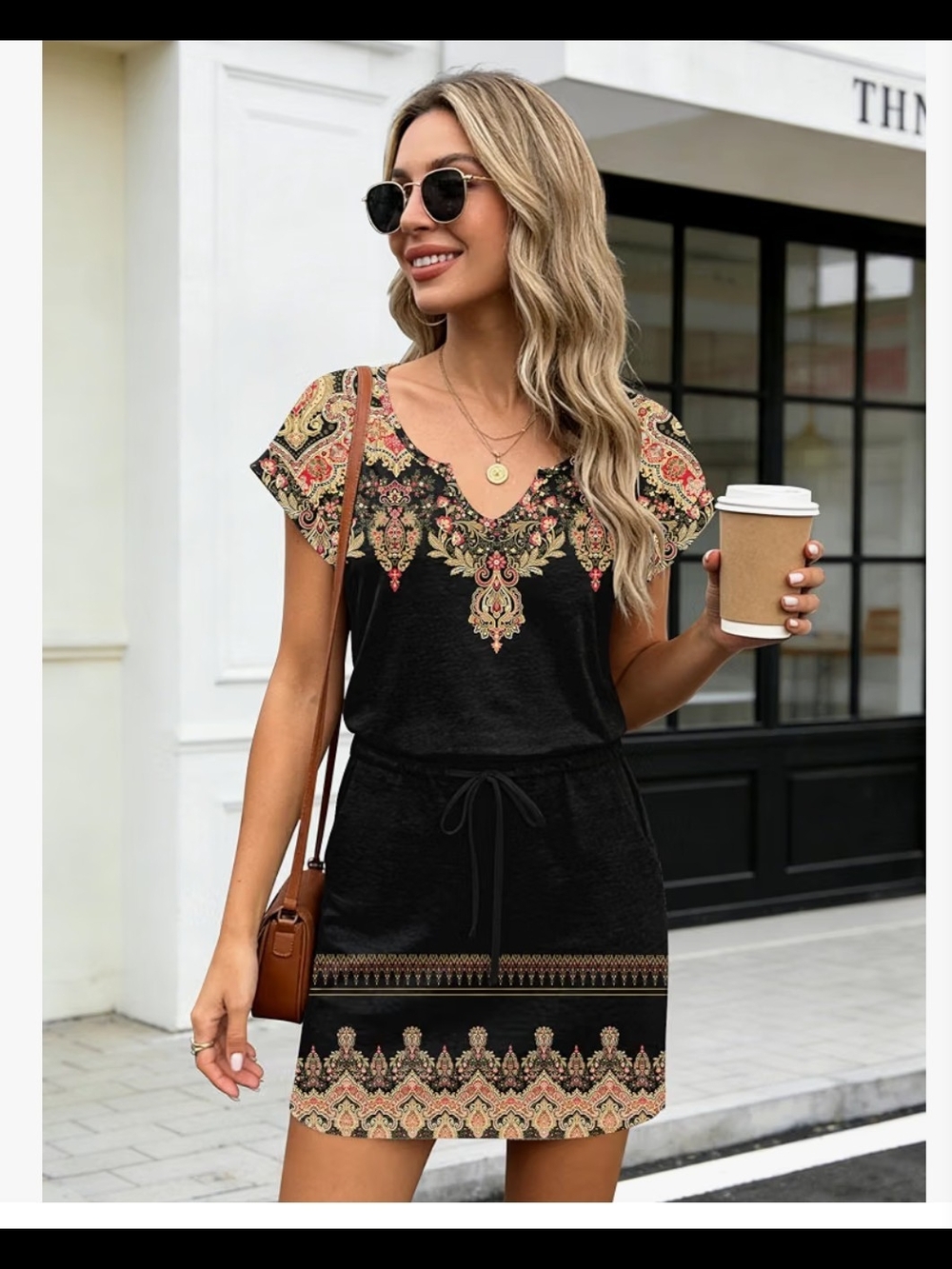 Black Paisley-Trim V-Neck Drawstring Mini Dress L